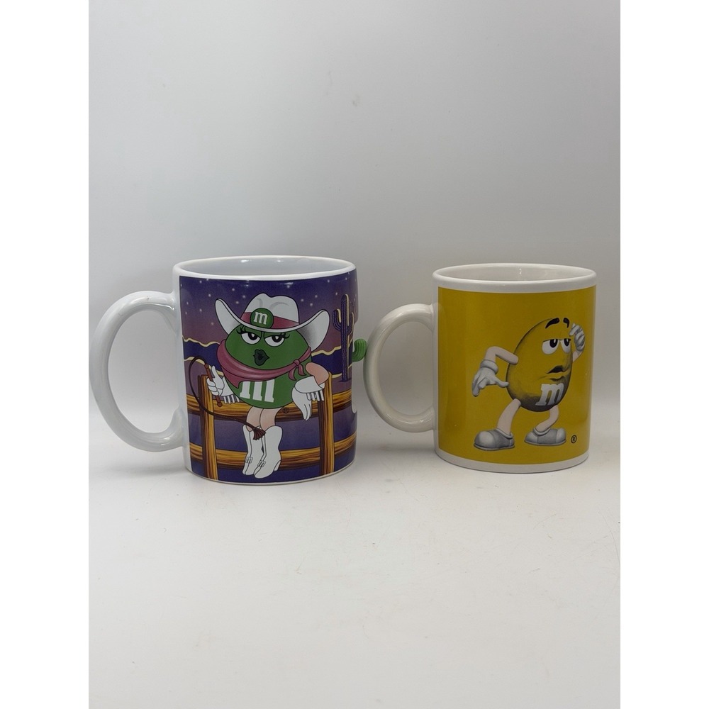 Lot of 2 Vintage M&M's Coffee Mugs Yellow M&M & Green Cowgirl Character Mug